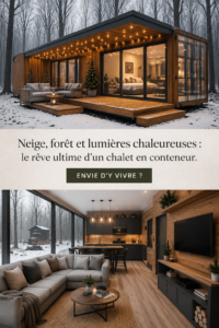 Cabane d'hiver entourée de forêts enneigées, décorée de lumières chaleureuses