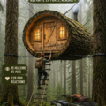 Cabane en rondins située dans un tronc d'arbre géant, entourée de verdure.