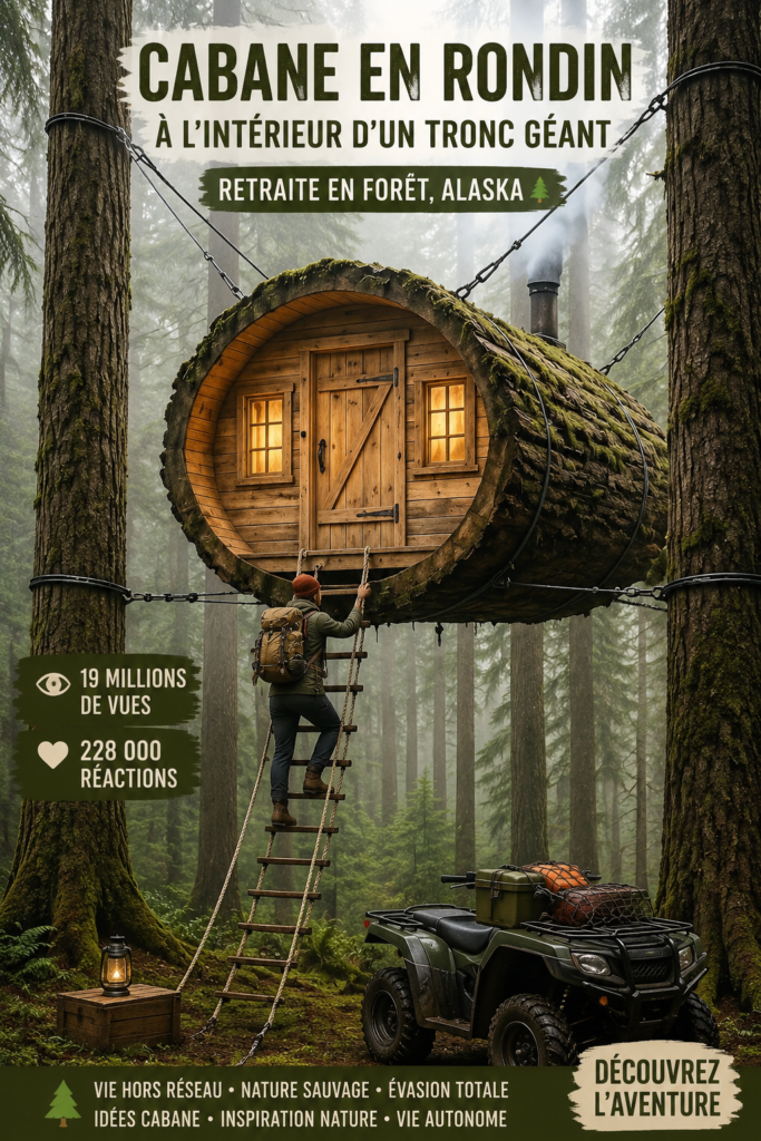 Cabane en rondins située dans un tronc d'arbre géant, entourée de verdure.