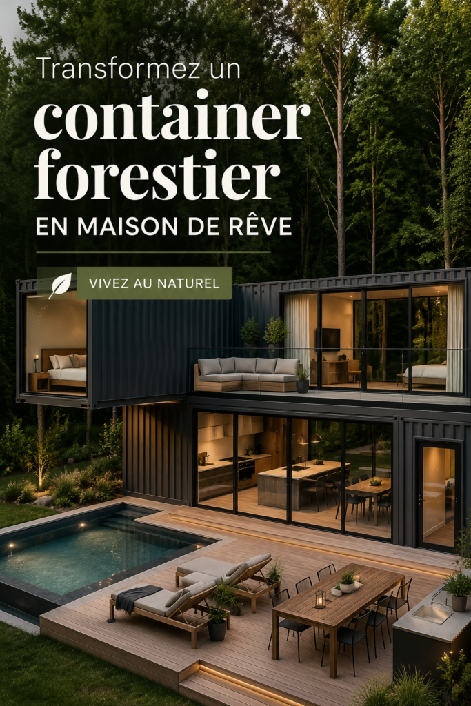 Un conteneur maritime transformé en maison accueillante, situé dans un cadre naturel.