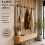 Couloir scandinave moderne avec mur en lattes boisées décoré de plantes.