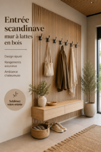 Couloir scandinave moderne avec mur en lattes boisées décoré de plantes.