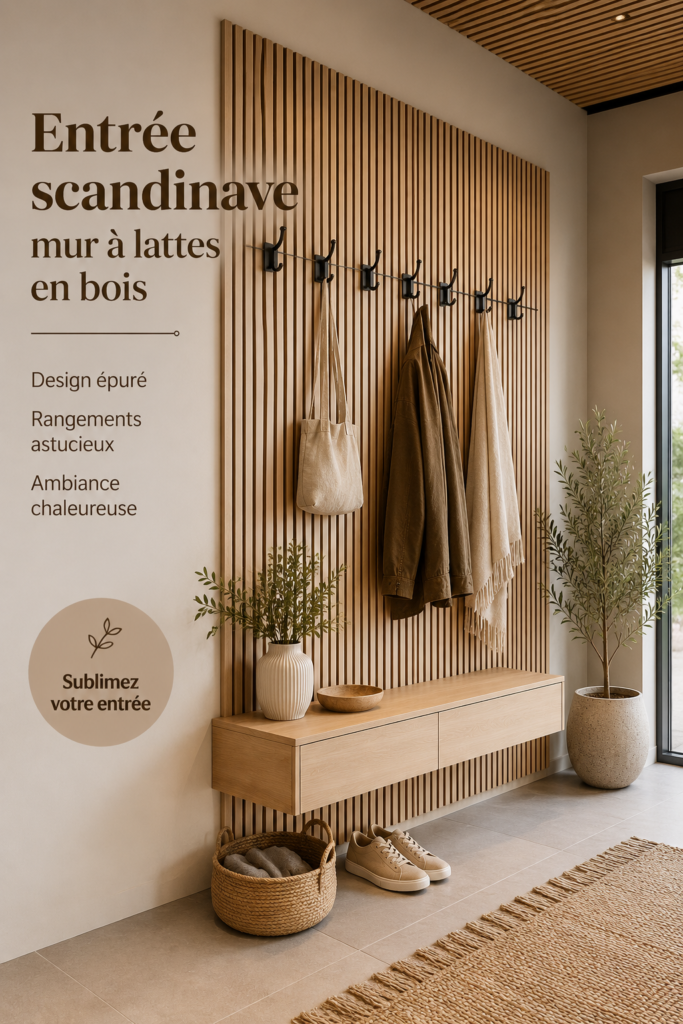 Couloir scandinave moderne avec mur en lattes boisées décoré de plantes.