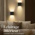 Un salon moderne avec un éclairage doux et accueillant.