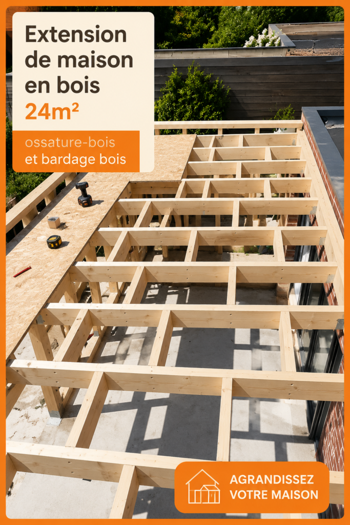 Exemple d'une extension de maison en bois de 24m² avec bardage en bois, illuminée par le soleil.