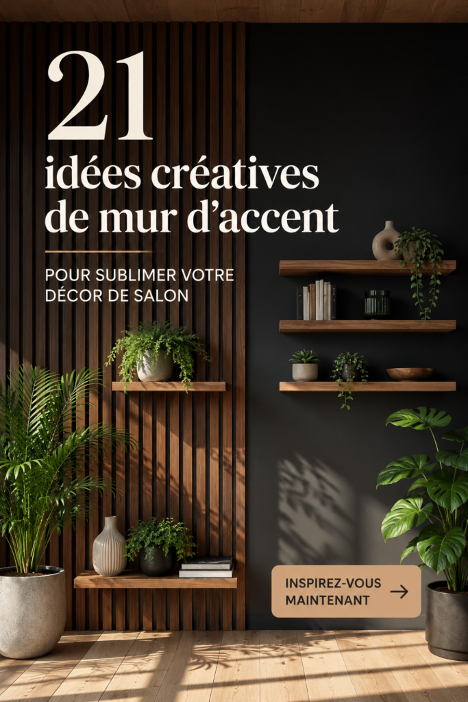 Un salon moderne avec un mur d'accent en bois et des touches déco chaleureuses.