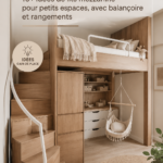 Lit en hauteur dans une chambre moderne avec des rangements pratiques.