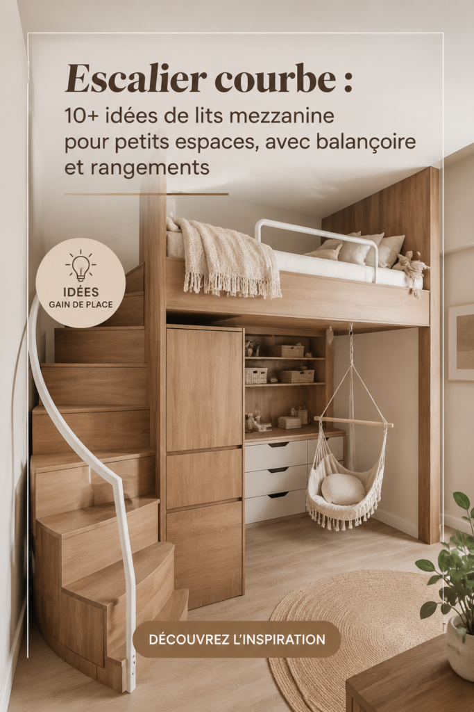 Lit en hauteur dans une chambre moderne avec des rangements pratiques.