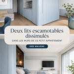 Un lit escamotable replié dans un petit appartement moderne