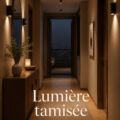 Couloir éclairé avec une lumière tamisée, créant une ambiance accueillante et chaleureuse.