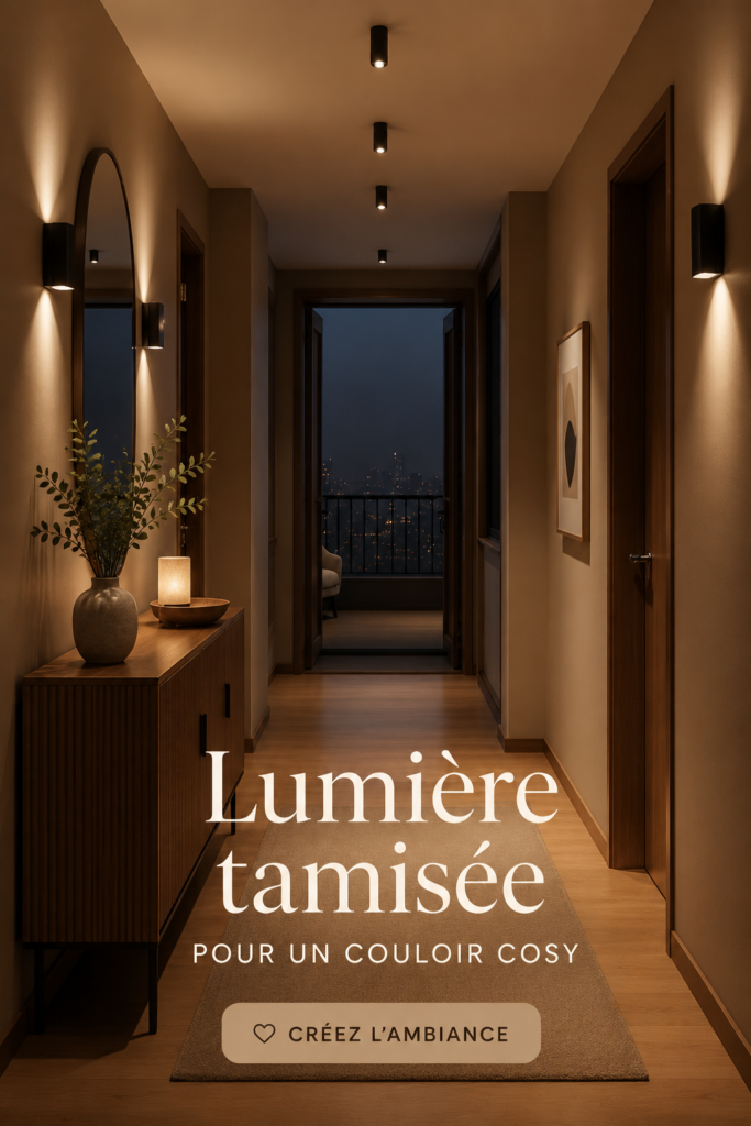 Couloir éclairé avec une lumière tamisée, créant une ambiance accueillante et chaleureuse.