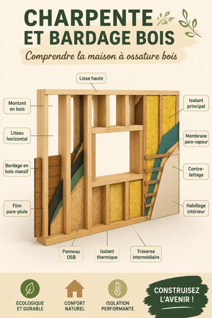 Maison avec une belle charpente en bois et bardage esthétique.