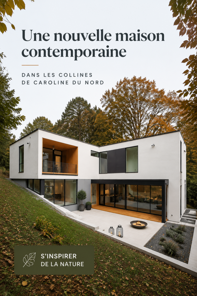 Vue d'ensemble d'une maison contemporaine entourée de collines verdoyantes en Caroline du Nord
