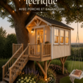 Une belle maison dans les arbres en bois avec une balançoire, idéale pour les enfants.