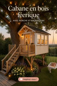Une belle maison dans les arbres en bois avec une balançoire, idéale pour les enfants.