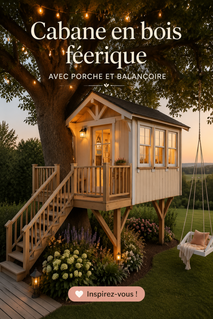 Une belle maison dans les arbres en bois avec une balançoire, idéale pour les enfants.