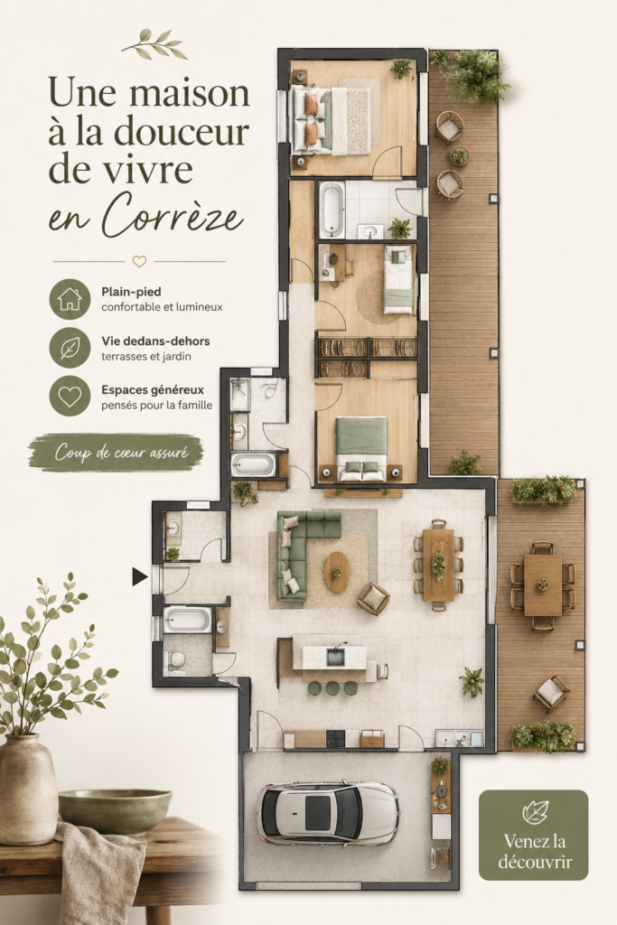 Maison chaleureuse construite en Corrèze avec un environnement accueillant.