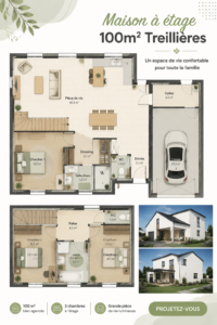 Maison moderne à étage de 100 m² à Treillières, avec un design soigné et un jardin verdoyant.