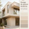Une maison moderne angulaire avec une palette de couleurs élégantes et fraîches.