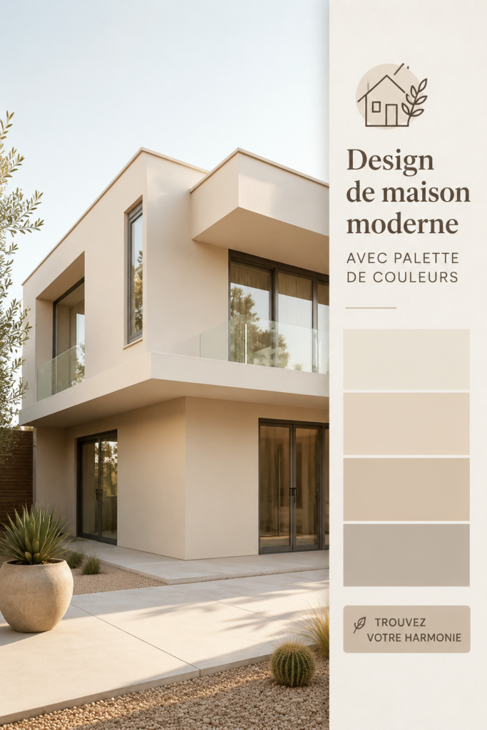 Une maison moderne angulaire avec une palette de couleurs élégantes et fraîches.