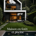 Maison moderne en bois dans une forêt avec une piscine bleue et de la verdure environnante.