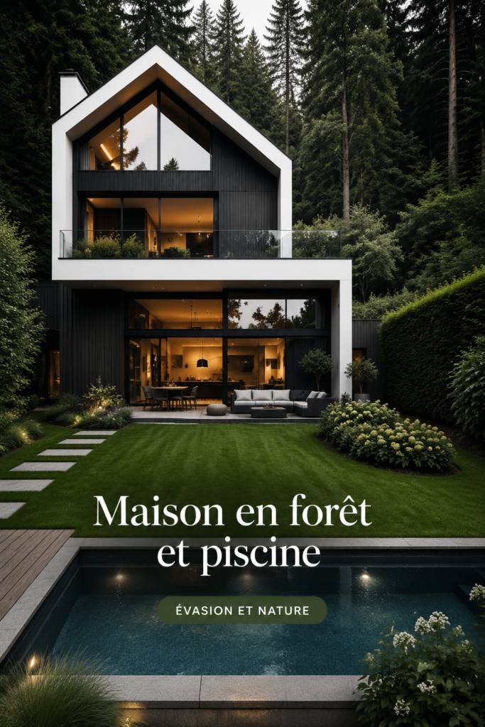 Maison moderne en bois dans une forêt avec une piscine bleue et de la verdure environnante.