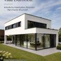 Maison moderne avec toit plat et jardins intérieurs, inspirant une ambiance chaleureuse.