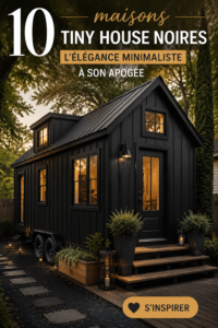 Vue d'une tiny house noire moderne, entourée de verdure, représentant le minimalisme.