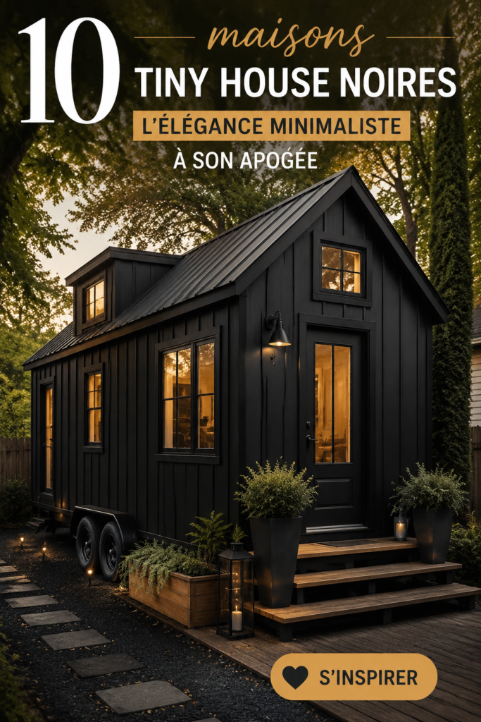 Vue d'une tiny house noire moderne, entourée de verdure, représentant le minimalisme.