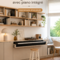 Meuble de rangement avec un piano intégré en bois clair dans un salon élégant