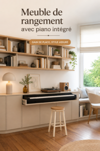 Meuble de rangement avec un piano intégré en bois clair dans un salon élégant