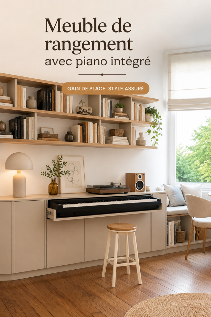 Meuble de rangement avec un piano intégré en bois clair dans un salon élégant