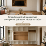 Grand meuble de rangement en chêne avec portes peintes qui ajoute du style à un intérieur moderne.