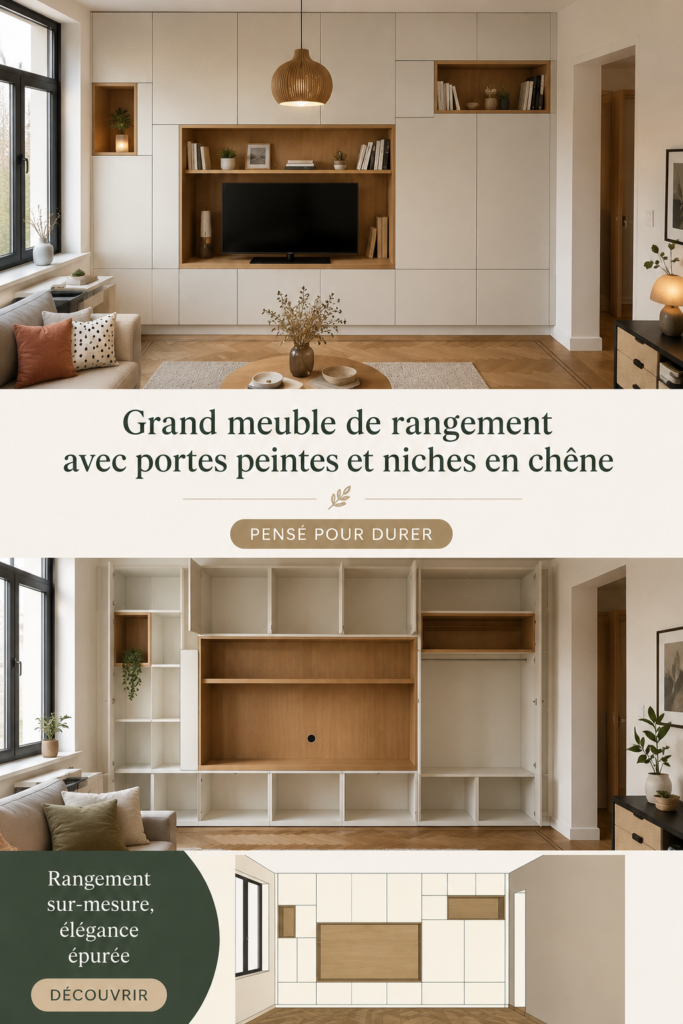Grand meuble de rangement en chêne avec portes peintes qui ajoute du style à un intérieur moderne.