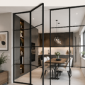 Verrière moderne séparant une salle de vie, apportant lumière et style.