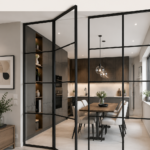 Verrière moderne séparant une salle de vie, apportant lumière et style.