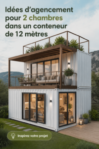 Aménagement intérieur d'une maison container de 40 pieds avec des zones distinctes.