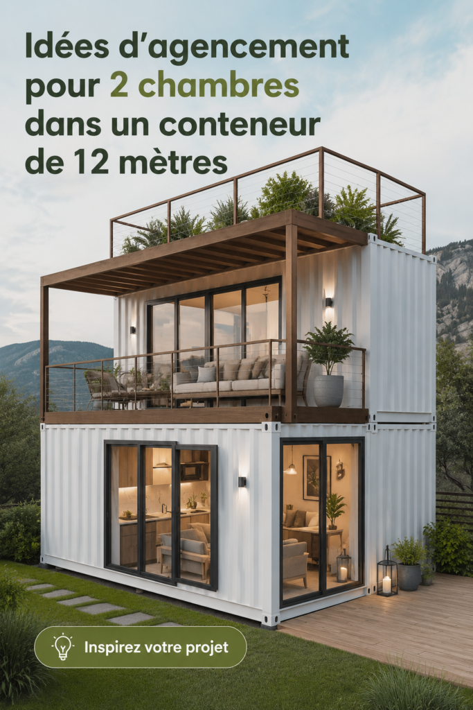 Aménagement intérieur d'une maison container de 40 pieds avec des zones distinctes.