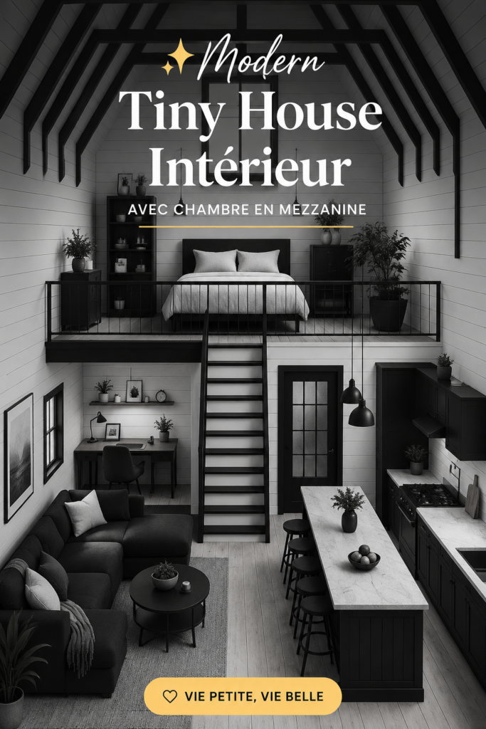 Intérieur moderne d'une tiny house avec mezzanine accueillante et lumineuse