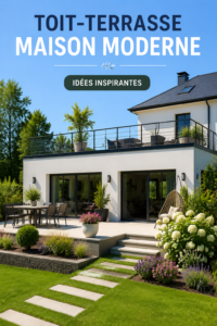Aménagement moderne d'un toit-terrasse avec végétation et mobilier design