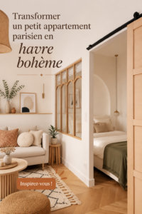 Un petit appartement parisien décoré dans un style bohème chaleureux avec des textiles colorés et des plantes.