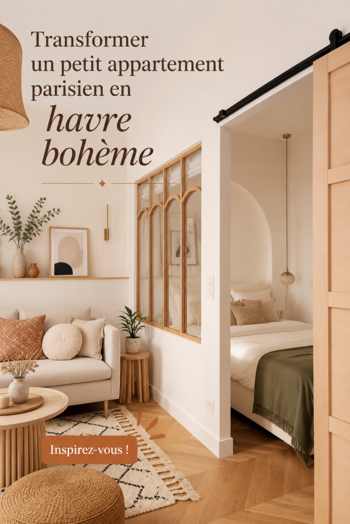 Un petit appartement parisien décoré dans un style bohème chaleureux avec des textiles colorés et des plantes.