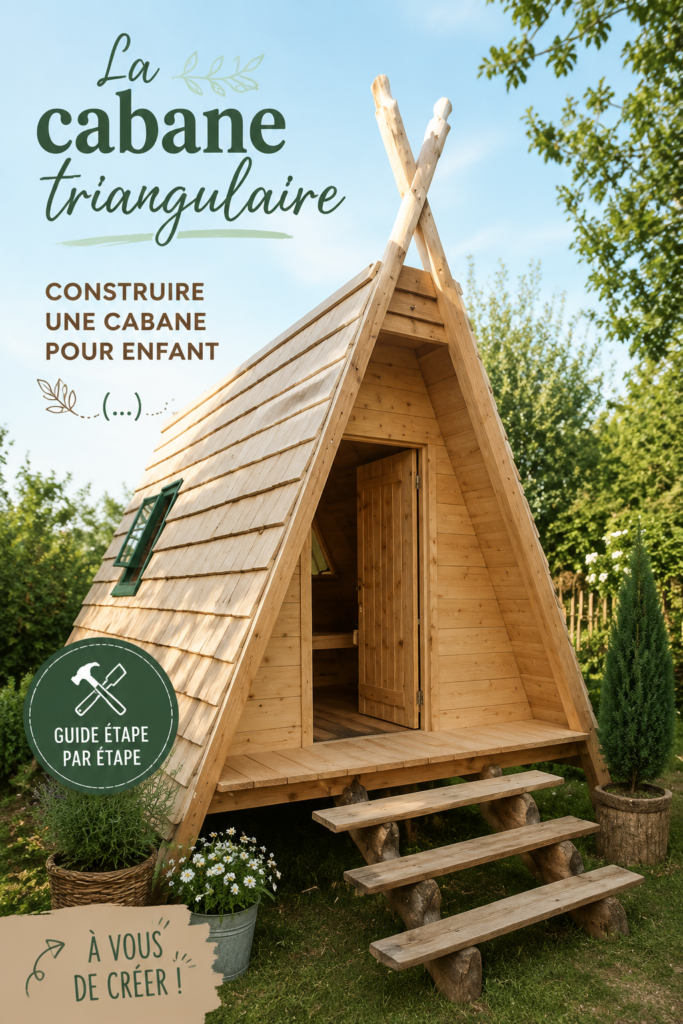 Enfant jouant dans une cabane triangulaire en bois.