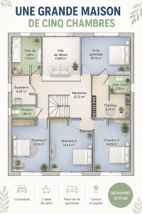 Vue extérieure d'une maison spacieuse de cinq chambres dans un cadre familial