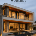Vue extérieure d'une villa moderne avec lignes épurées et matériaux contemporains