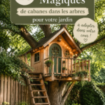 Jardin merveilleux avec une cabane en bois entourée de verdure.