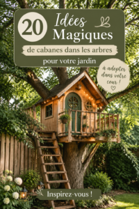 Jardin merveilleux avec une cabane en bois entourée de verdure.