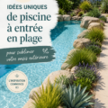 Une magnifique piscine à débordement illuminée au crépuscule dans un jardin élégant.