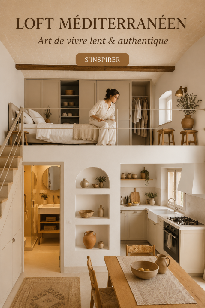 Un loft méditerranéen minimaliste avec lumière naturelle et couleurs apaisantes.
