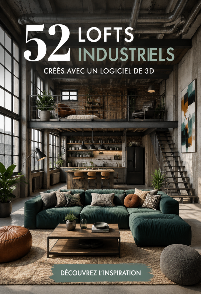 Loft industriel élaboré avec un logiciel de création 3D, mettant en valeur un style moderne et élégant.